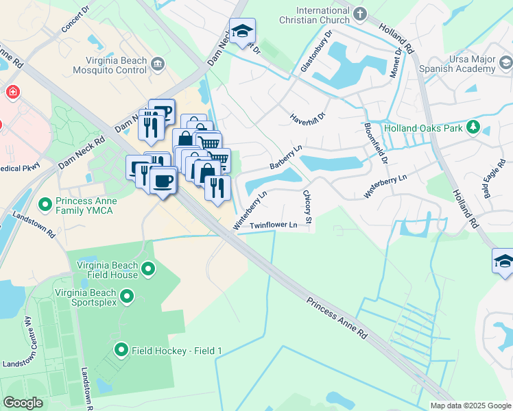map of restaurants, bars, coffee shops, grocery stores, and more near 3257 Winterberry Lane in Virginia Beach