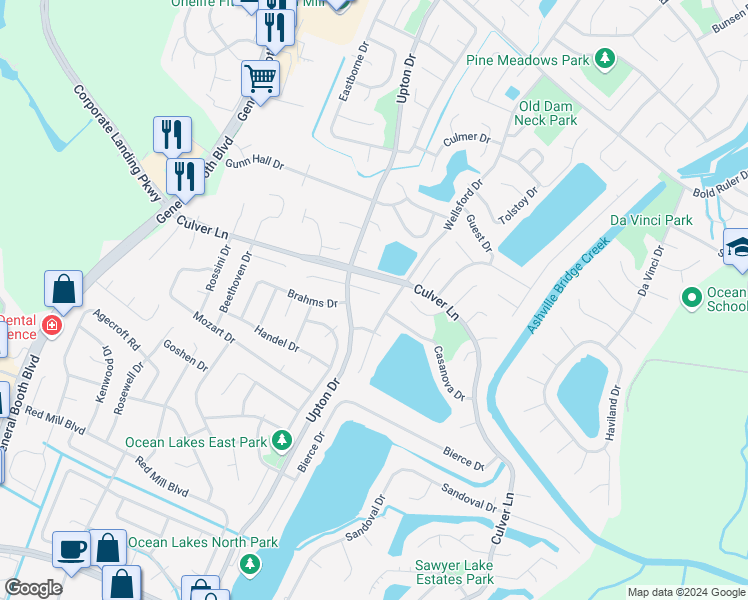 map of restaurants, bars, coffee shops, grocery stores, and more near 1109 Debussy Court in Virginia Beach