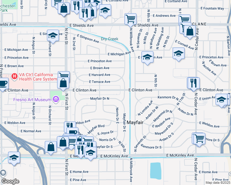 map of restaurants, bars, coffee shops, grocery stores, and more near 3504 East Clinton Avenue in Fresno