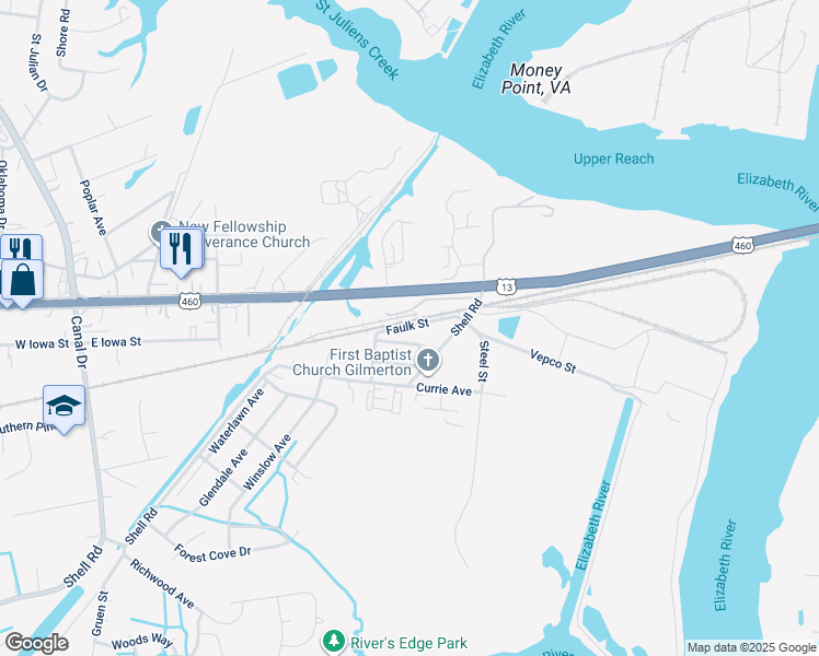 map of restaurants, bars, coffee shops, grocery stores, and more near 1721 Faulk Street in Chesapeake