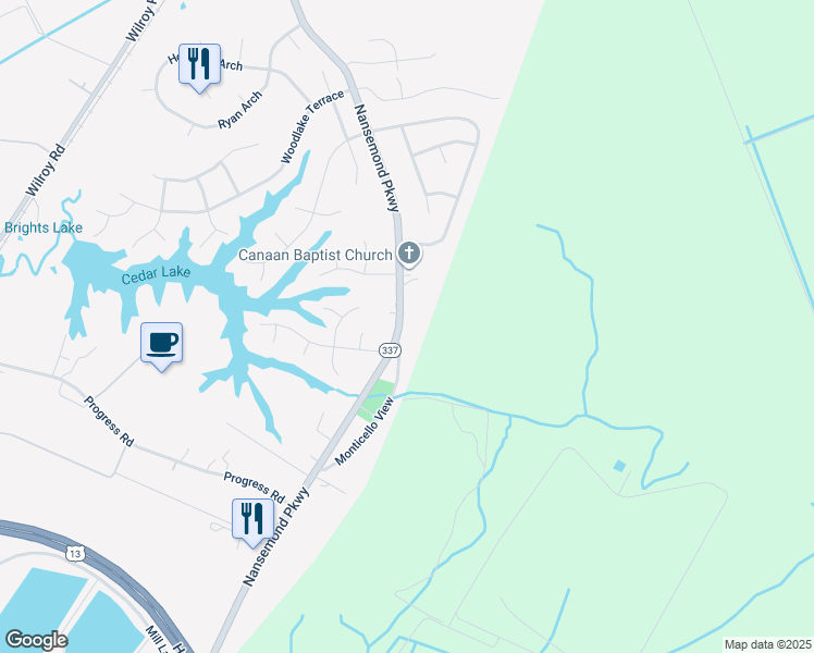 map of restaurants, bars, coffee shops, grocery stores, and more near 2040 Nansemond Parkway in Suffolk