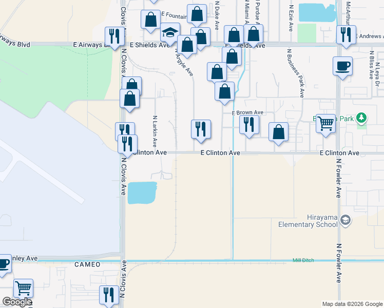 map of restaurants, bars, coffee shops, grocery stores, and more near 5728 East Clinton Avenue in Fresno