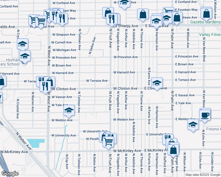 map of restaurants, bars, coffee shops, grocery stores, and more near North Fruit Avenue & West Clinton Avenue in Fresno