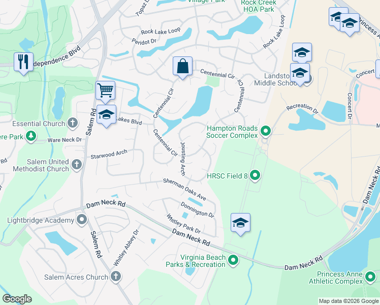 map of restaurants, bars, coffee shops, grocery stores, and more near 3889 Jousting Arch in Virginia Beach