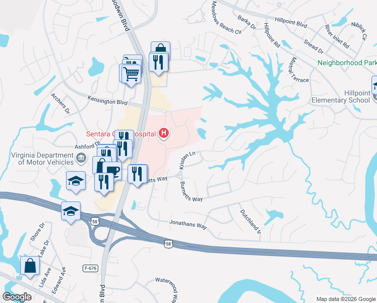 map of restaurants, bars, coffee shops, grocery stores, and more near 118 Kristen Lane in Suffolk