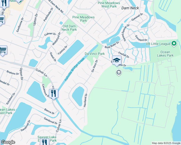 map of restaurants, bars, coffee shops, grocery stores, and more near 1757 Da Vinci Drive in Virginia Beach
