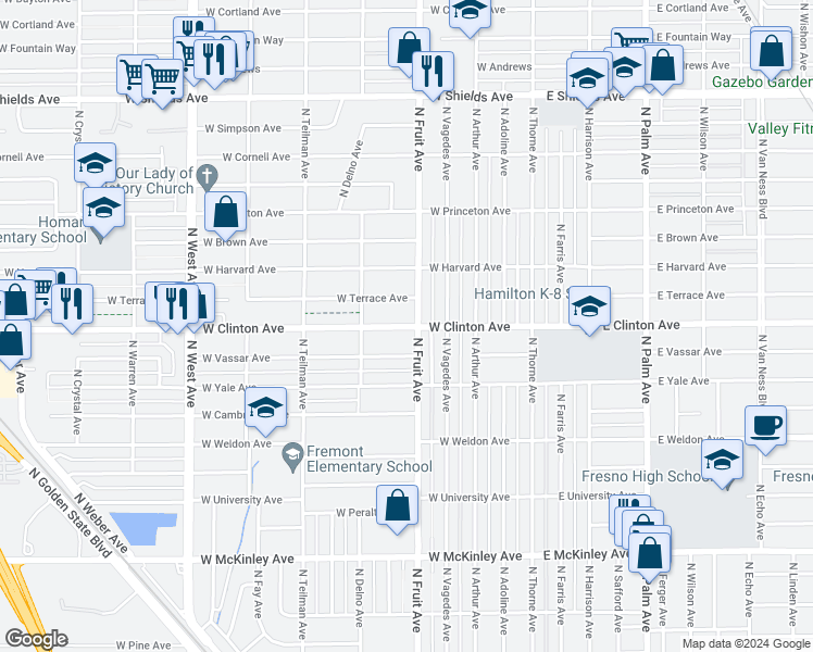 map of restaurants, bars, coffee shops, grocery stores, and more near 538 West Clinton Avenue in Fresno
