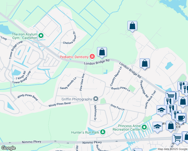 map of restaurants, bars, coffee shops, grocery stores, and more near 2240 Windy Pines Bend in Virginia Beach