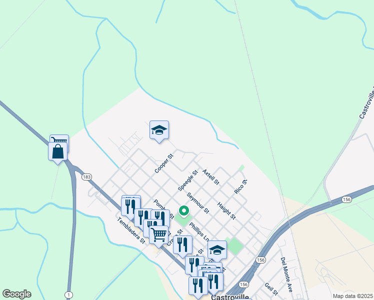 map of restaurants, bars, coffee shops, grocery stores, and more near 12855 Vía Linda in Castroville