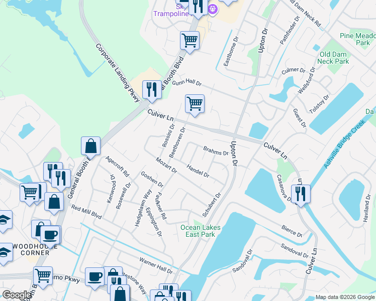 map of restaurants, bars, coffee shops, grocery stores, and more near 1901 Chopin Drive in Virginia Beach