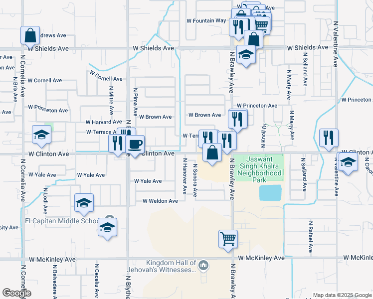 map of restaurants, bars, coffee shops, grocery stores, and more near 4188 West Providence Avenue in Fresno