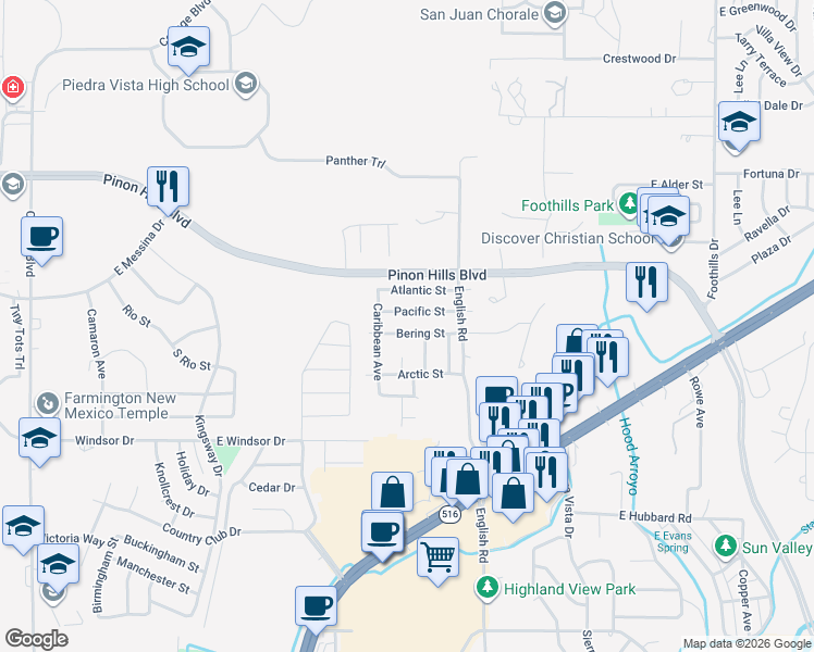map of restaurants, bars, coffee shops, grocery stores, and more near 4501 Pacific Street in Farmington