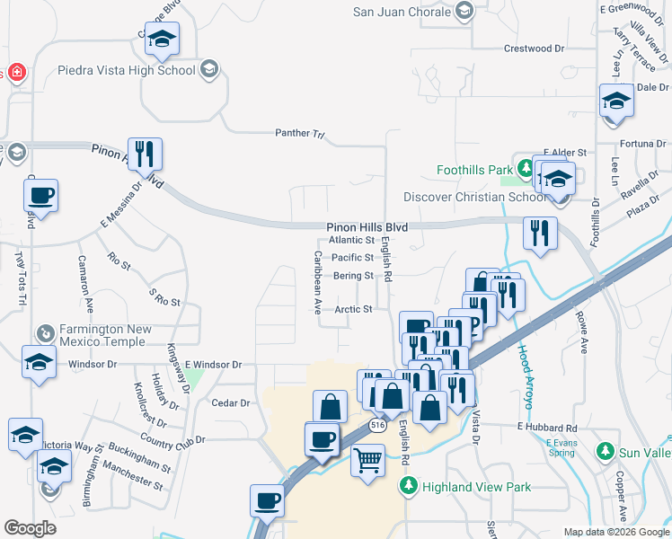 map of restaurants, bars, coffee shops, grocery stores, and more near 4501 Pacific Street in Farmington
