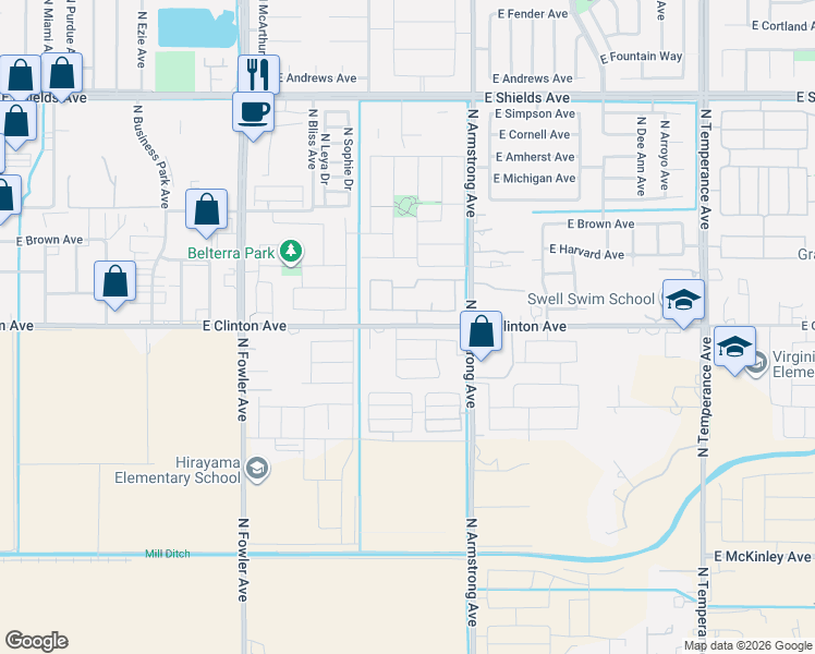 map of restaurants, bars, coffee shops, grocery stores, and more near 6336 East Clinton Avenue in Fresno