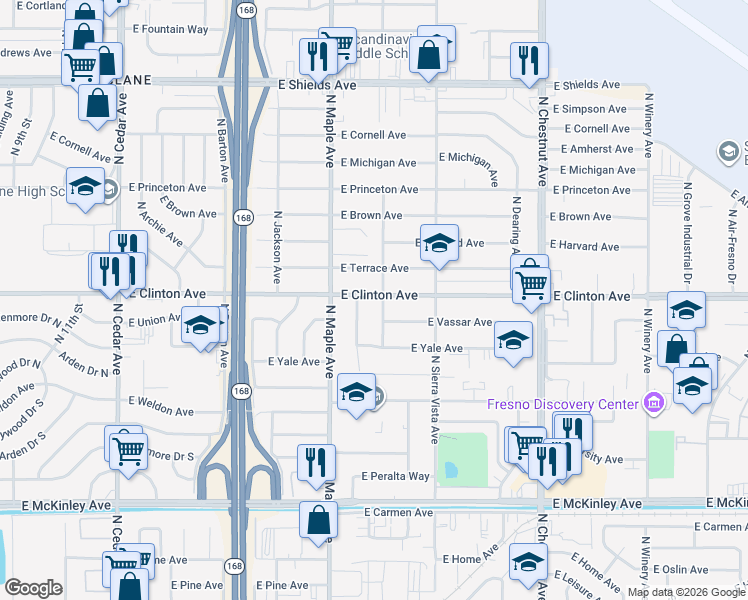 map of restaurants, bars, coffee shops, grocery stores, and more near 4643 East Clinton Avenue in Fresno