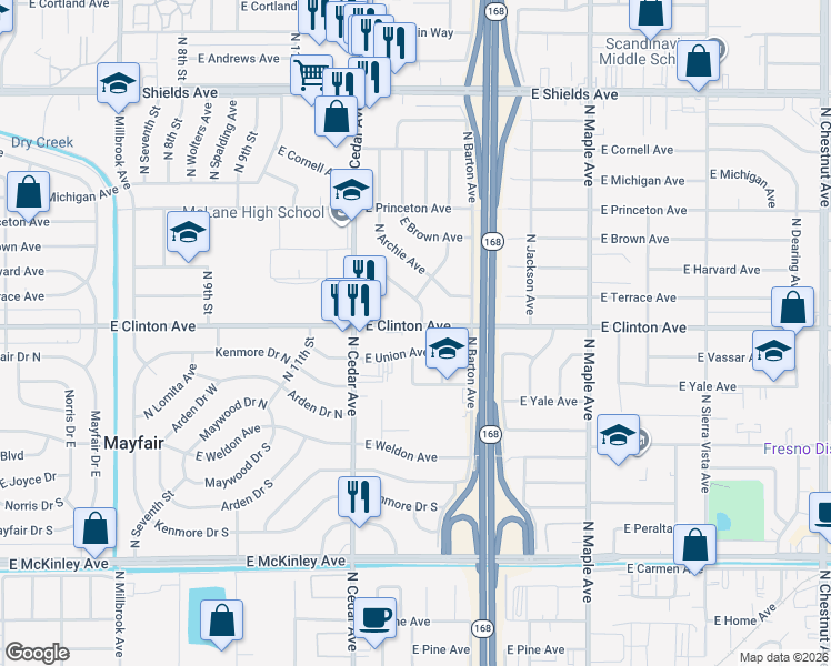 map of restaurants, bars, coffee shops, grocery stores, and more near 4315 East Clinton Avenue in Fresno