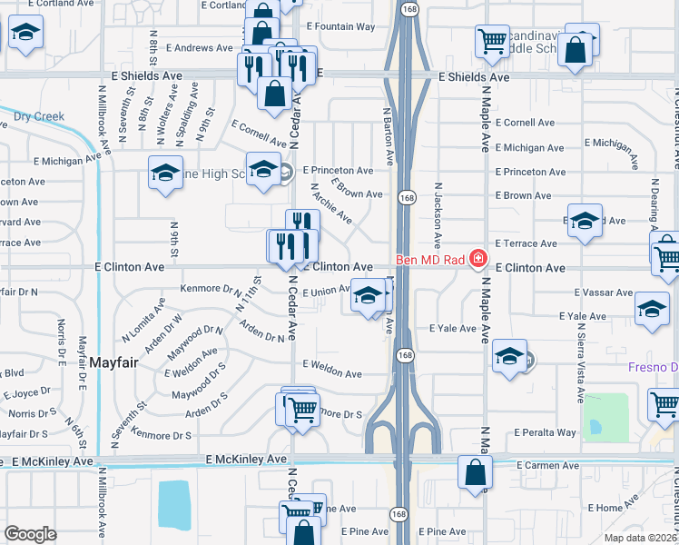 map of restaurants, bars, coffee shops, grocery stores, and more near 4315 East Clinton Avenue in Fresno