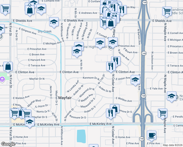 map of restaurants, bars, coffee shops, grocery stores, and more near 3952 East Clinton Avenue in Fresno