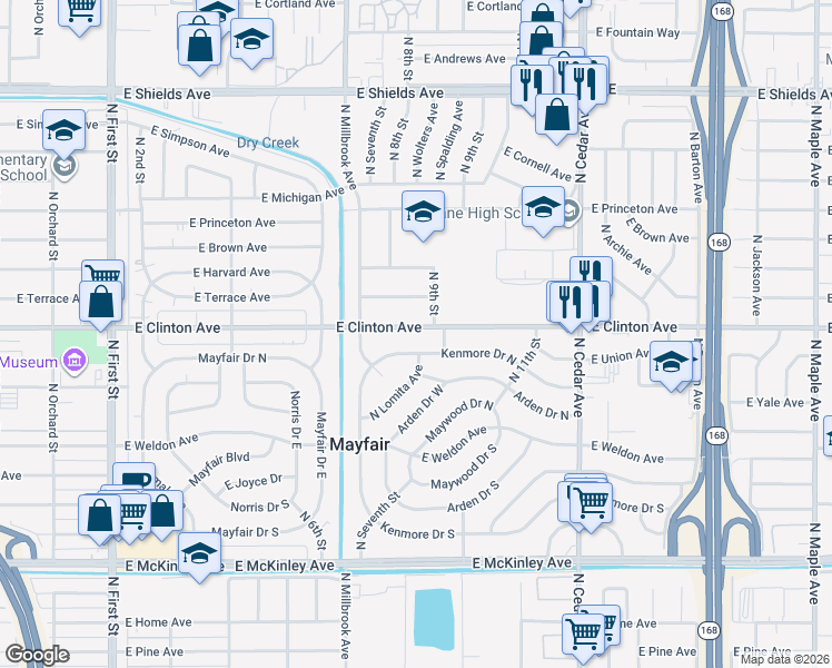 map of restaurants, bars, coffee shops, grocery stores, and more near 3813 East Clinton Avenue in Fresno