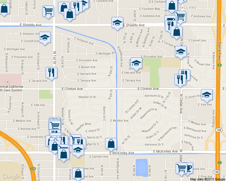 map of restaurants, bars, coffee shops, grocery stores, and more near in Fresno County