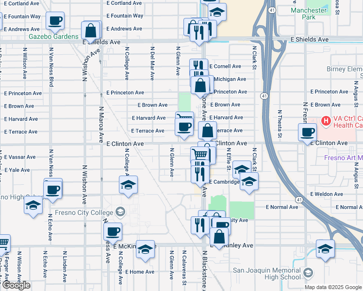 map of restaurants, bars, coffee shops, grocery stores, and more near 1521 East Clinton Avenue in Fresno