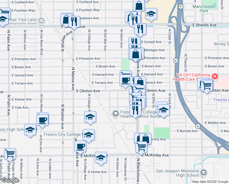 map of restaurants, bars, coffee shops, grocery stores, and more near 1321 East Clinton Avenue in Fresno