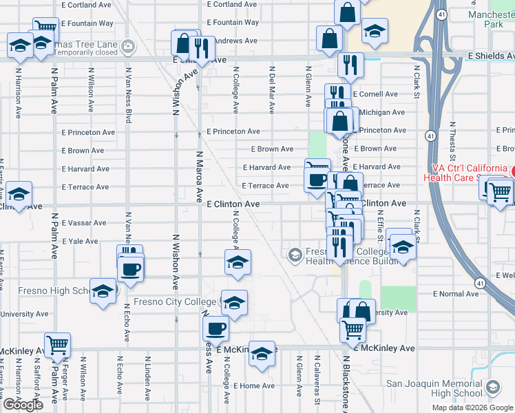 map of restaurants, bars, coffee shops, grocery stores, and more near 1211 East Clinton Avenue in Fresno