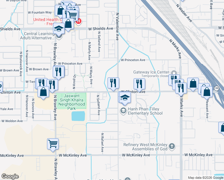 map of restaurants, bars, coffee shops, grocery stores, and more near 3444 West Clinton Avenue in Fresno