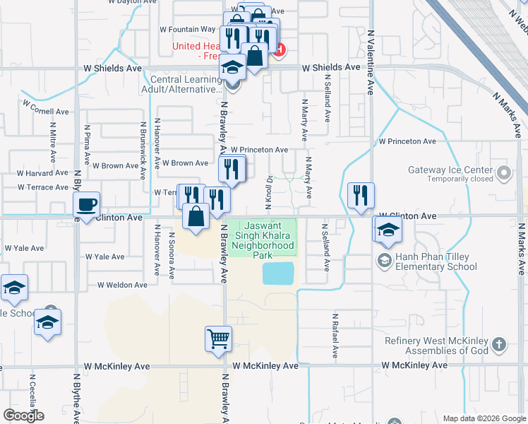 map of restaurants, bars, coffee shops, grocery stores, and more near 3732 West Clinton Avenue in Fresno