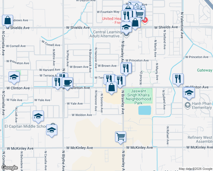 map of restaurants, bars, coffee shops, grocery stores, and more near 4122 West Providence Avenue in Fresno