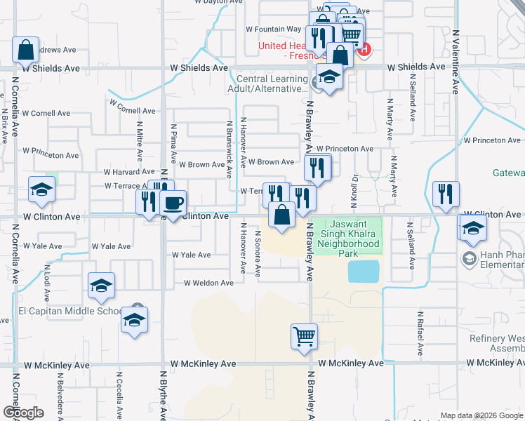 map of restaurants, bars, coffee shops, grocery stores, and more near 4122 West Providence Avenue in Fresno