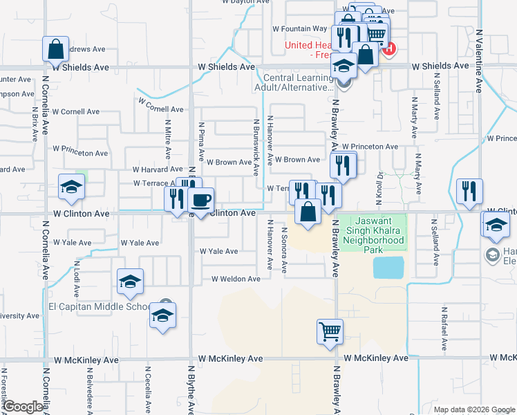 map of restaurants, bars, coffee shops, grocery stores, and more near 4188 West Providence Avenue in Fresno