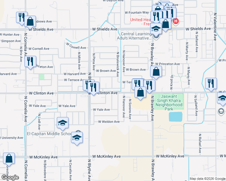 map of restaurants, bars, coffee shops, grocery stores, and more near 2438 North Wapoma Avenue in Fresno