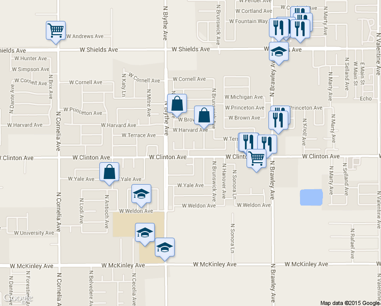 map of restaurants, bars, coffee shops, grocery stores, and more near 2456 North Bendel Avenue in Fresno