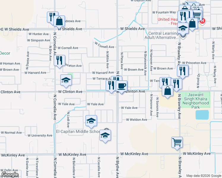 map of restaurants, bars, coffee shops, grocery stores, and more near 2432 North Mitre Avenue in Fresno