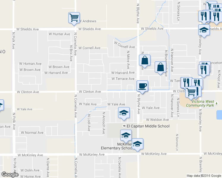 map of restaurants, bars, coffee shops, grocery stores, and more near 4575 West Providence Avenue in Fresno