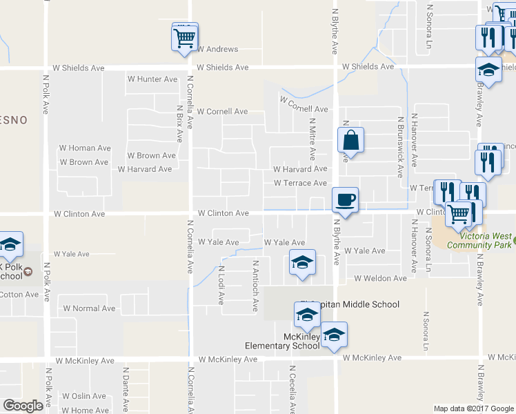 map of restaurants, bars, coffee shops, grocery stores, and more near 4575 West Providence Avenue in Fresno