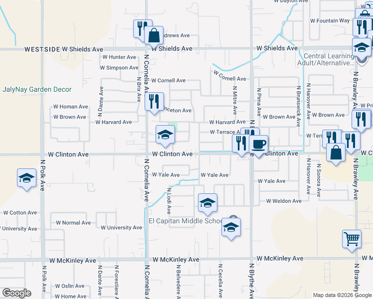 map of restaurants, bars, coffee shops, grocery stores, and more near 4659 West Providence Avenue in Fresno
