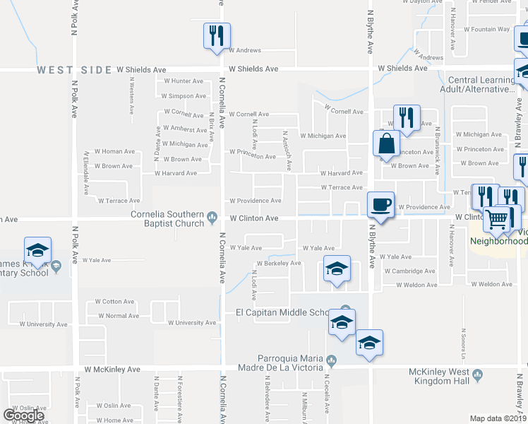 map of restaurants, bars, coffee shops, grocery stores, and more near 4719 West Providence Avenue in Fresno