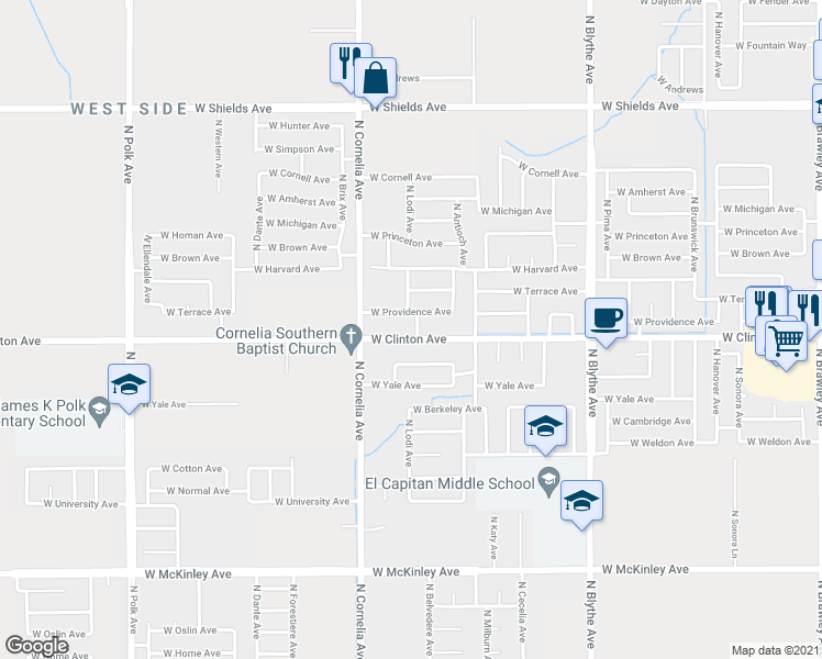 map of restaurants, bars, coffee shops, grocery stores, and more near 4719 West Providence Avenue in Fresno
