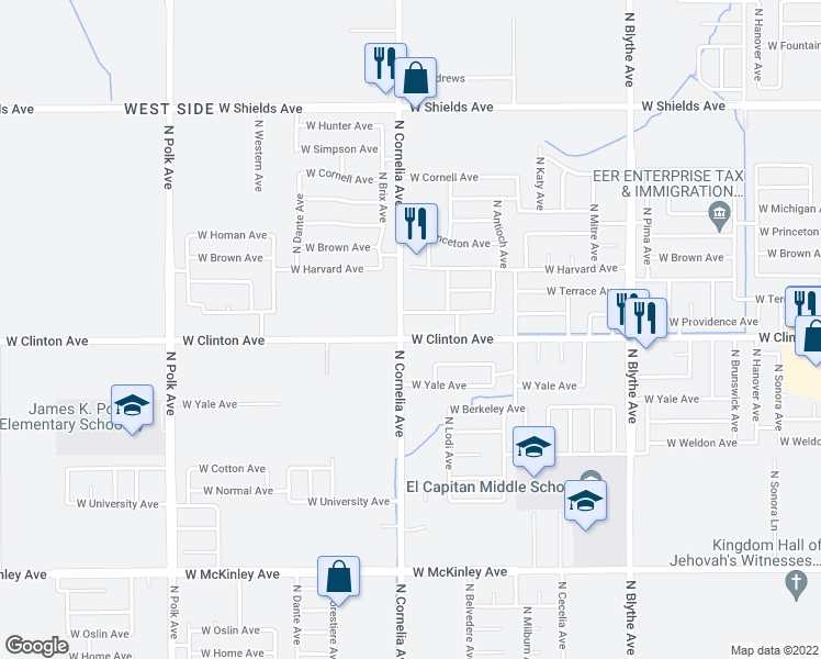 map of restaurants, bars, coffee shops, grocery stores, and more near 4775 West Providence Avenue in Fresno