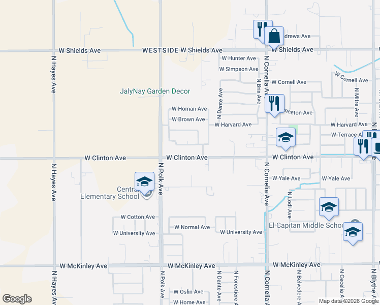 map of restaurants, bars, coffee shops, grocery stores, and more near 5389 West Terrace Avenue in Fresno
