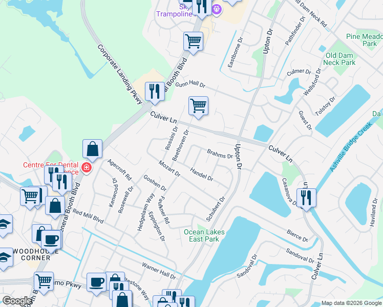 map of restaurants, bars, coffee shops, grocery stores, and more near 1901 Chopin Drive in Virginia Beach