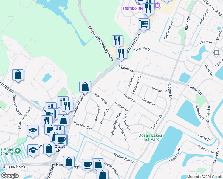map of restaurants, bars, coffee shops, grocery stores, and more near 1313 Mozart Drive in Virginia Beach