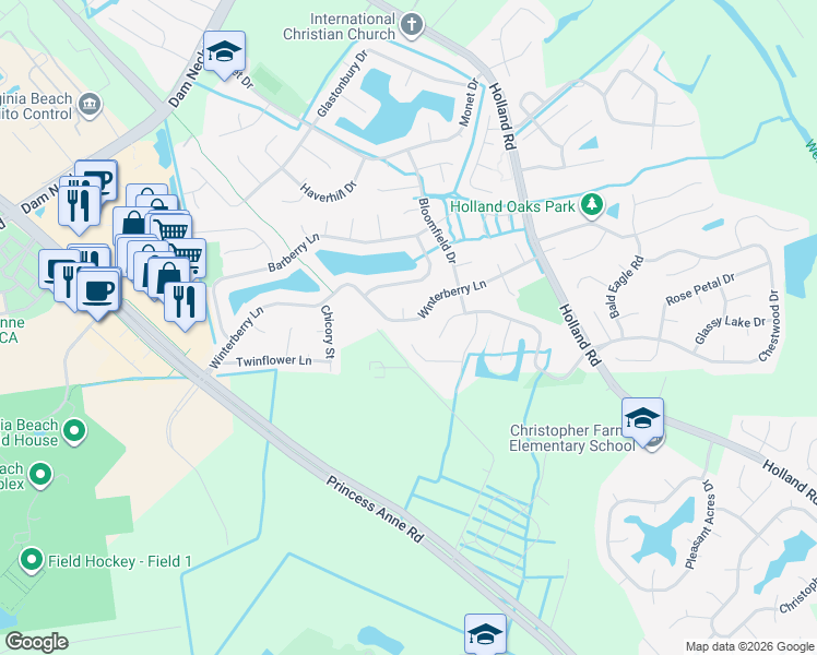 map of restaurants, bars, coffee shops, grocery stores, and more near 2012 Basswood Court in Virginia Beach