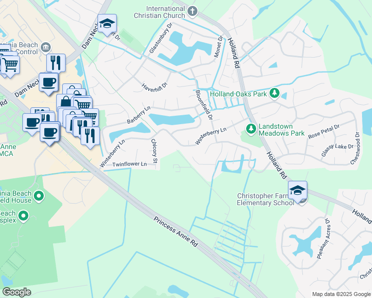 map of restaurants, bars, coffee shops, grocery stores, and more near 2012 Basswood Court in Virginia Beach