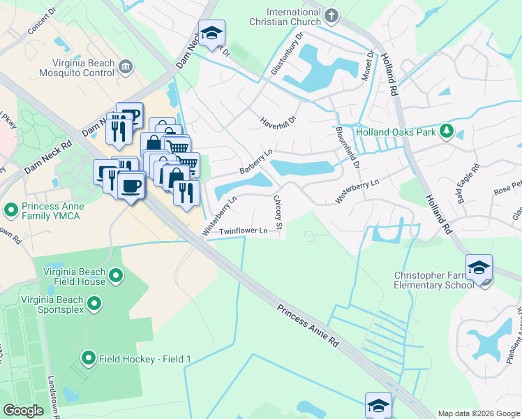 map of restaurants, bars, coffee shops, grocery stores, and more near 3225 Winterberry Lane in Virginia Beach