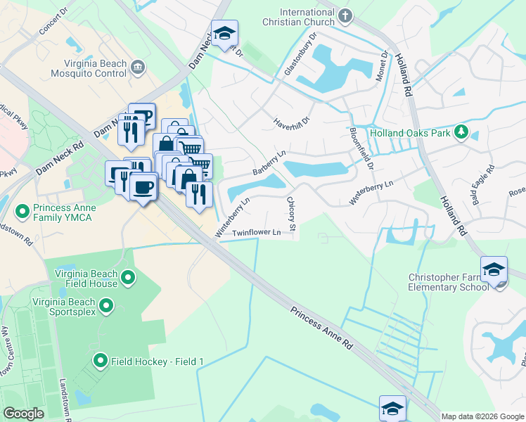 map of restaurants, bars, coffee shops, grocery stores, and more near 3225 Winterberry Lane in Virginia Beach