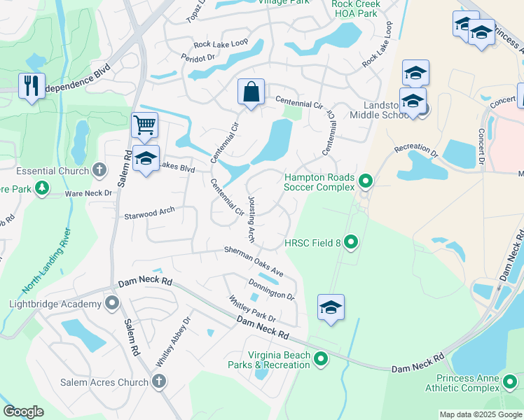map of restaurants, bars, coffee shops, grocery stores, and more near 3889 Jousting Arch in Virginia Beach