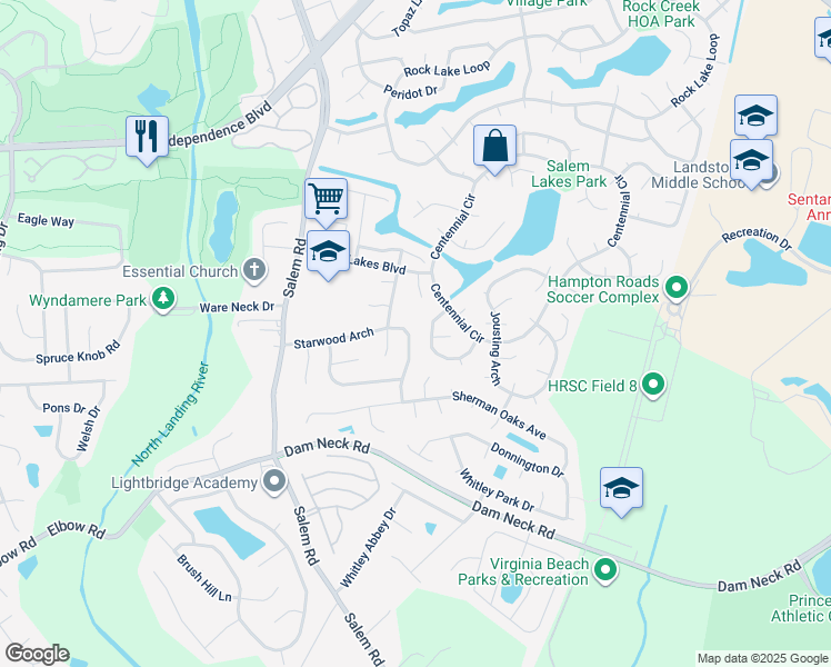 map of restaurants, bars, coffee shops, grocery stores, and more near 4056 Starwood Arch in Virginia Beach
